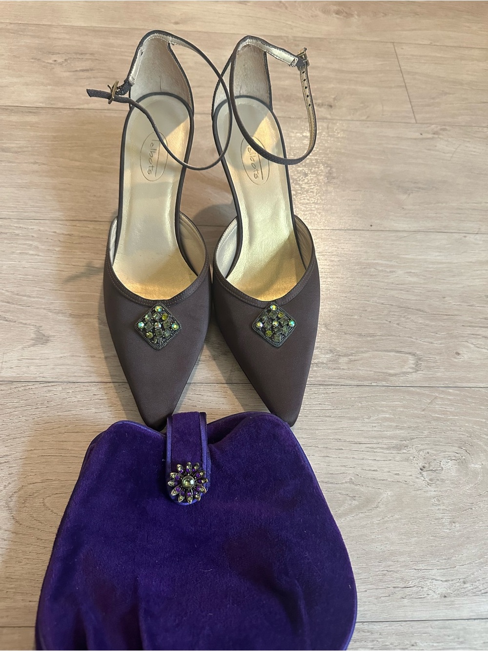 Talbots Dark Brown Pointed-Toe Ankle-Strap Heels with Jewel Accent
